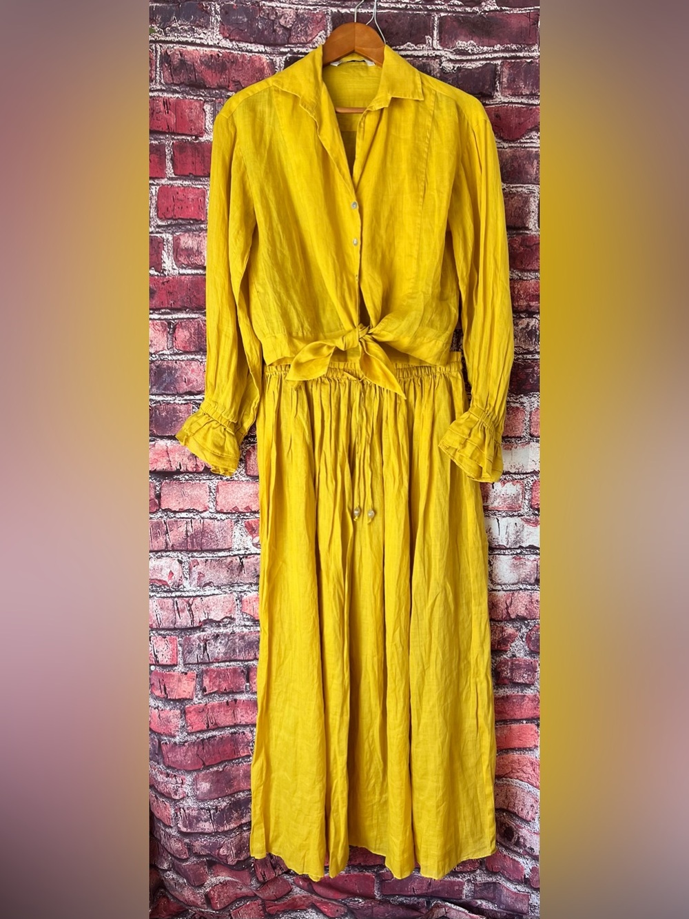 Zara Yellow 100% Ramie Matching Boho Set Tie Waist Top & Maxi Skirt